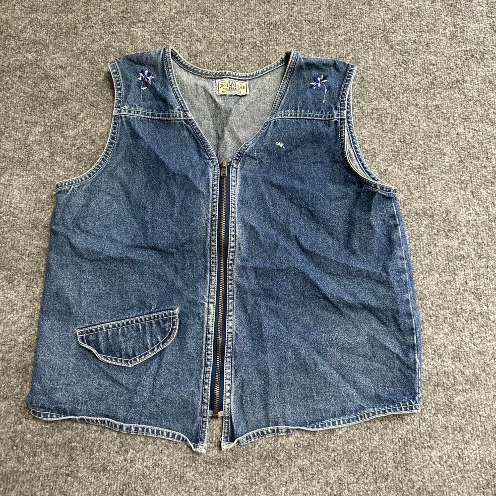 AJS Denimwear Vest Womens Size XL Blue Denim Zip Up Floral Embroidered Pocket